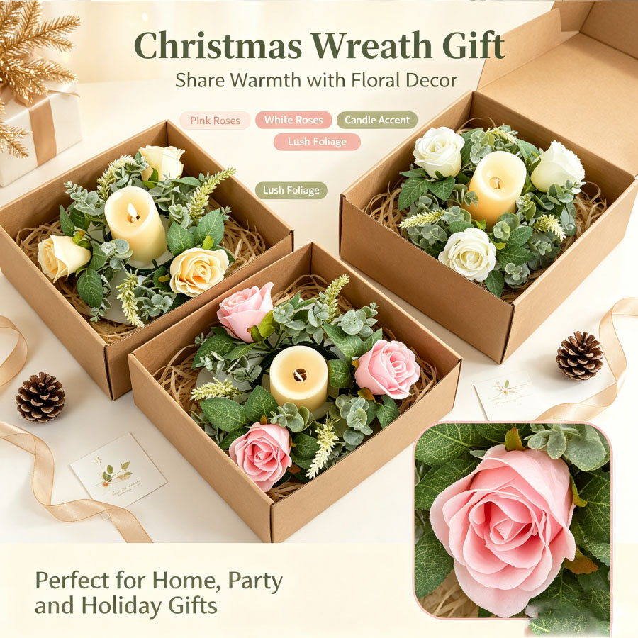 Unity Candle Set - Artificial Rose Wreath Shaped Candlestick Floral